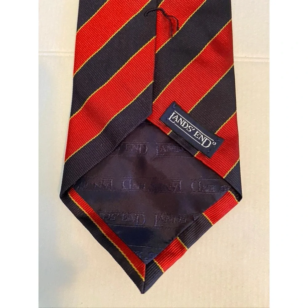 Lands End Mens Long Silk Tie Navy Blue Red Gold Regimental Stripe Handsewn USA